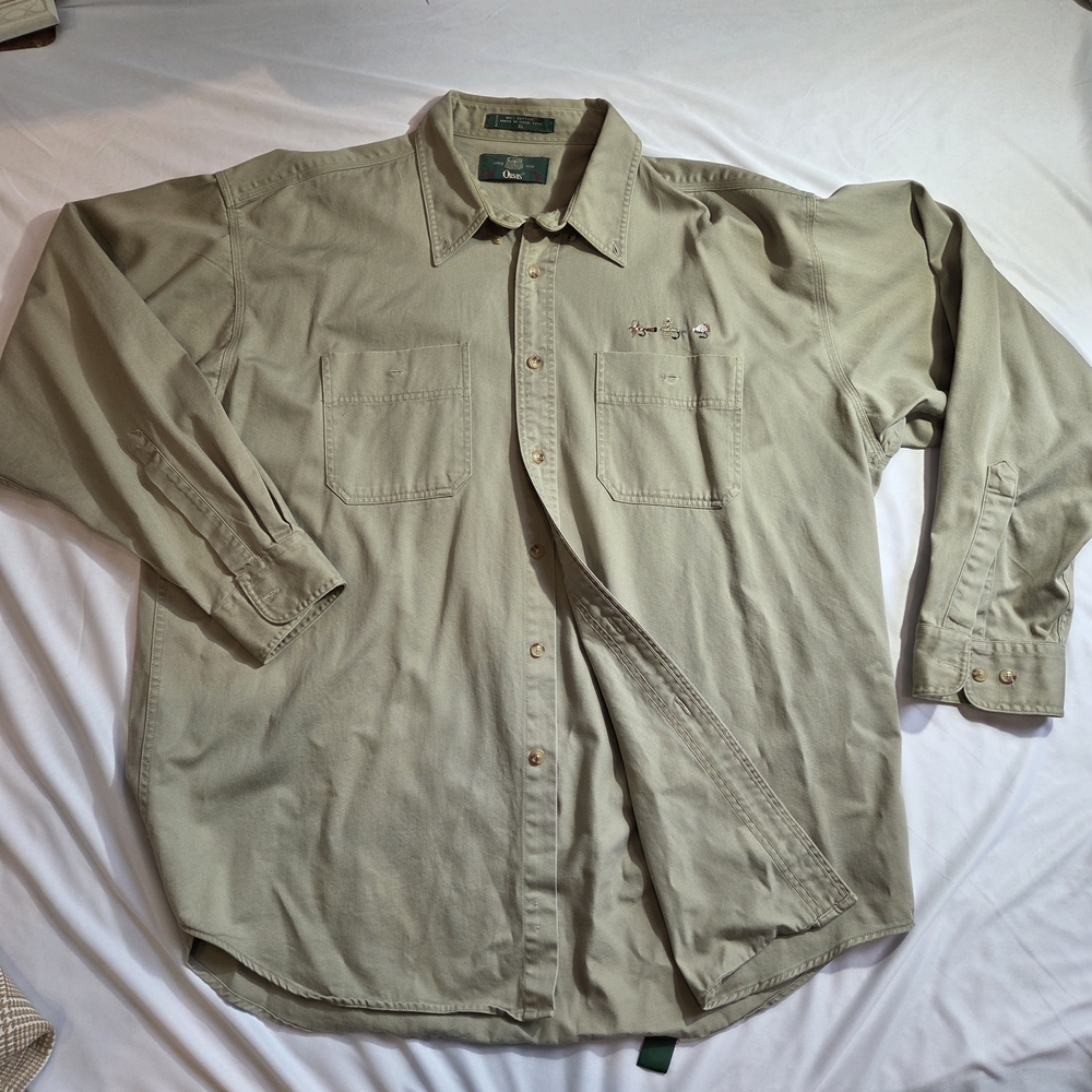 Vintage Orvis Men's Khaki Button-Up Shirt